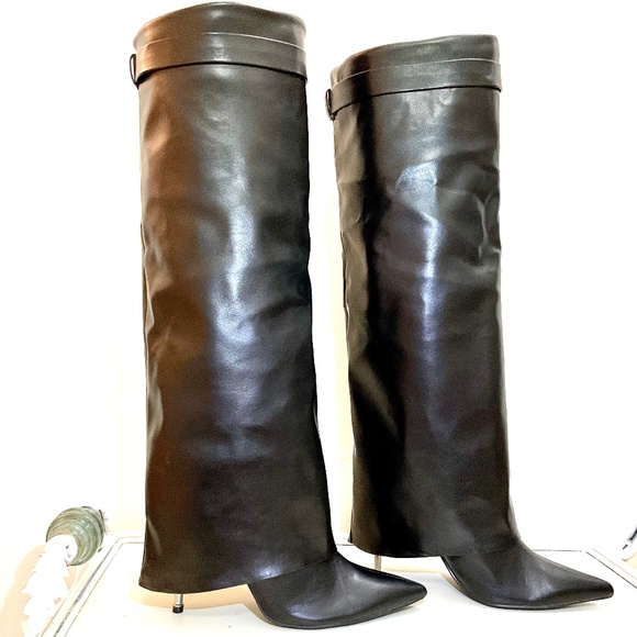 Liliana Black Fold Over Pointed Toe Side Zip Knee High Heel Boots sz 10 - Picture 15 of 16